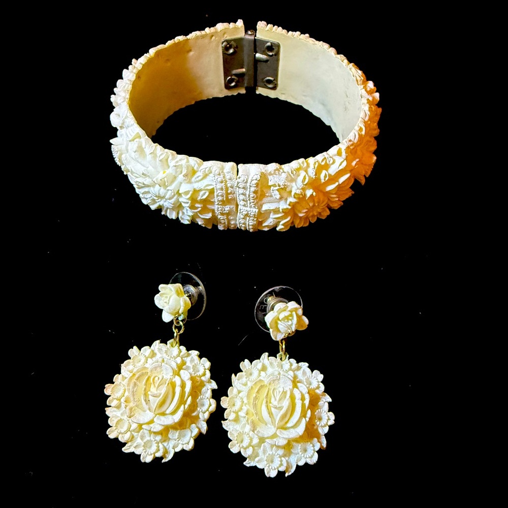 Vintage 1950s Carved Floral Celluloid Hinged Bracelet And Dangle Earrings